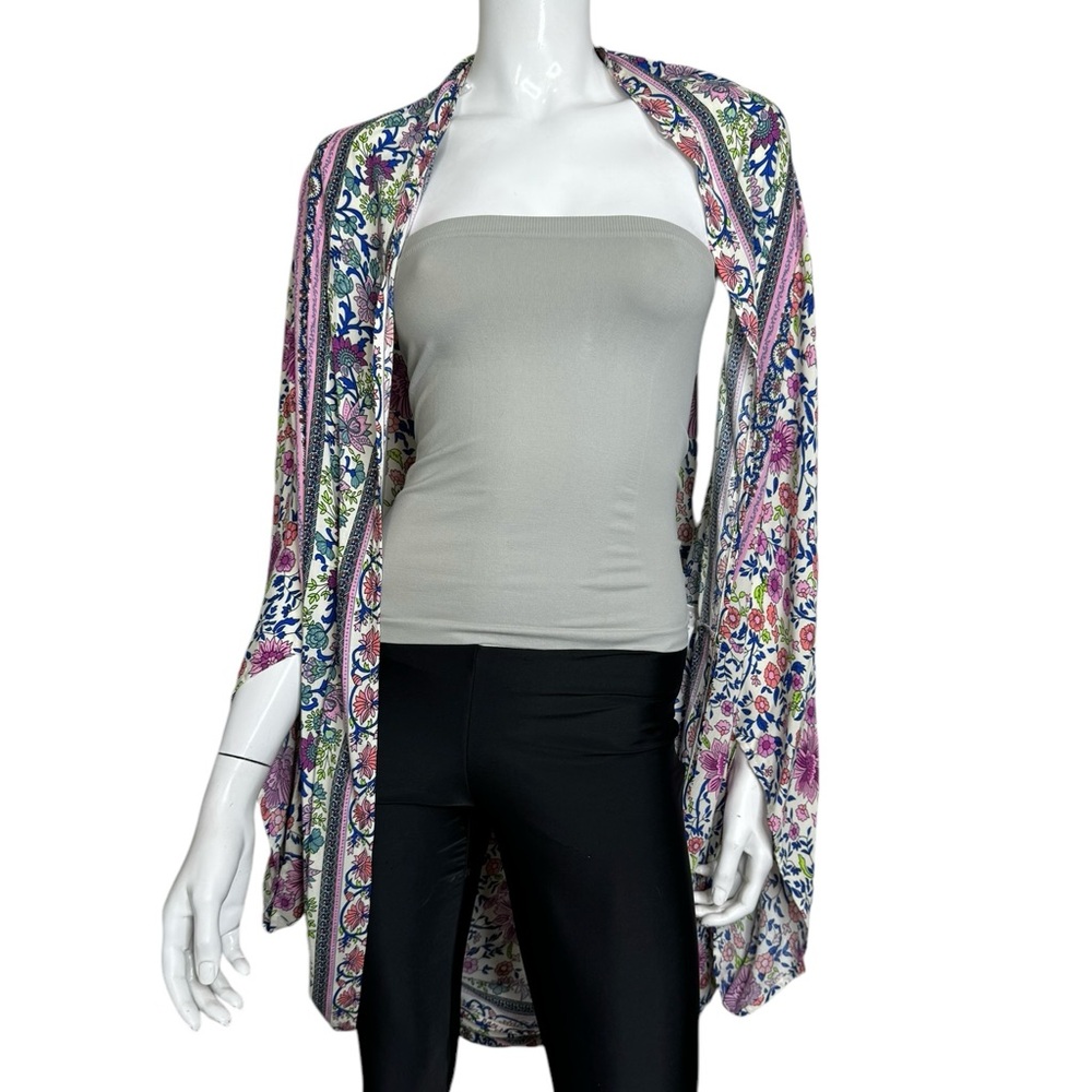 4/$40 Gigio Striped White with Pink‎ & Blue Flowers Cocoon Style Kimono Cardigan